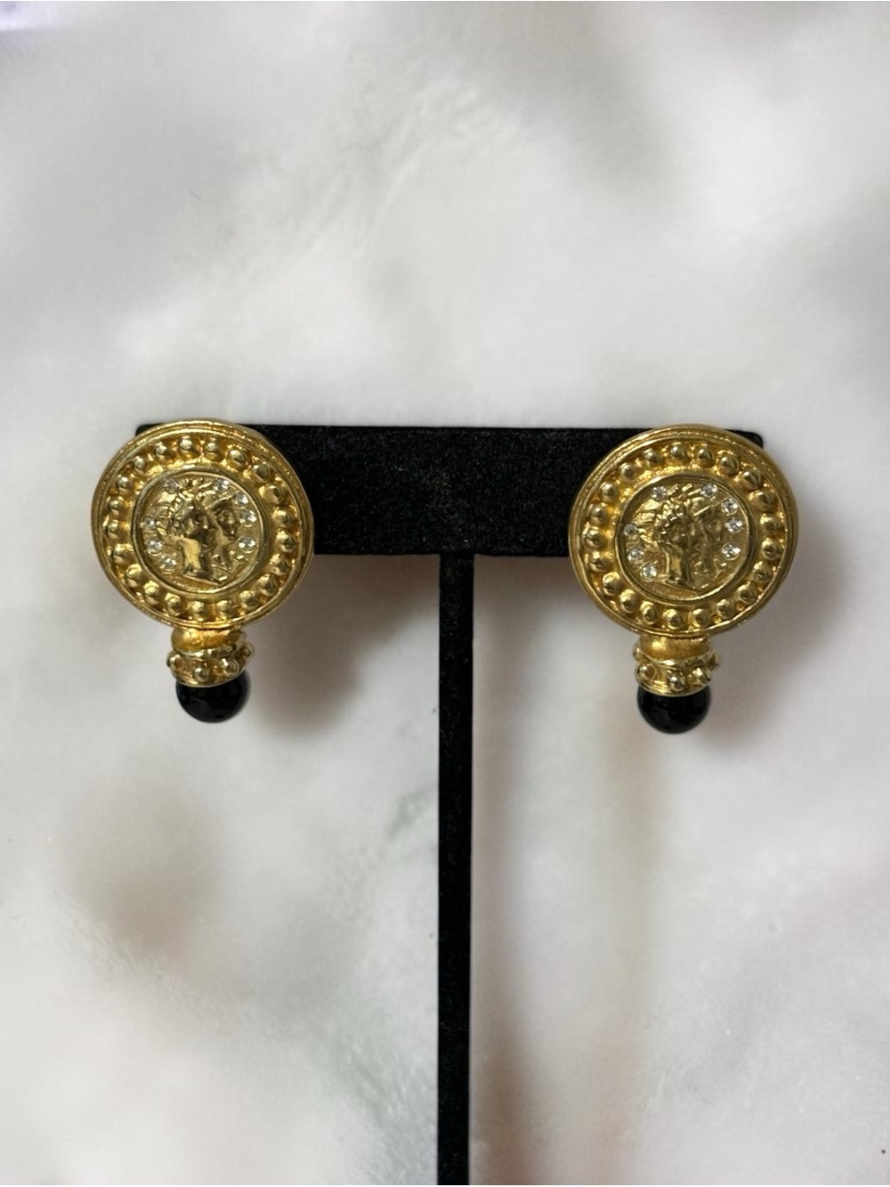 Gold-Tone Medallion Earrings with Black Accent 1-5/16”
